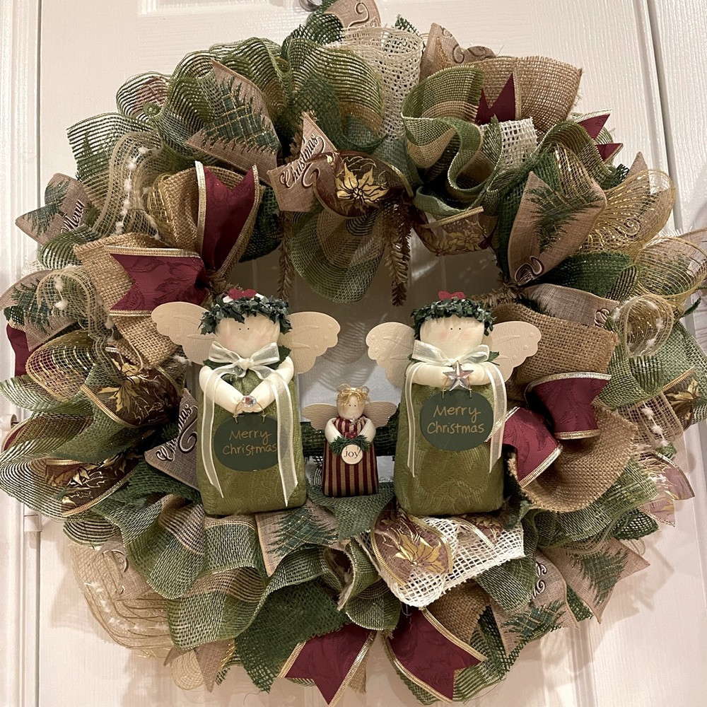 ANGEL Christmas Wreath in Sage green, deep burgundy, Gold, naturals & VTG Angels